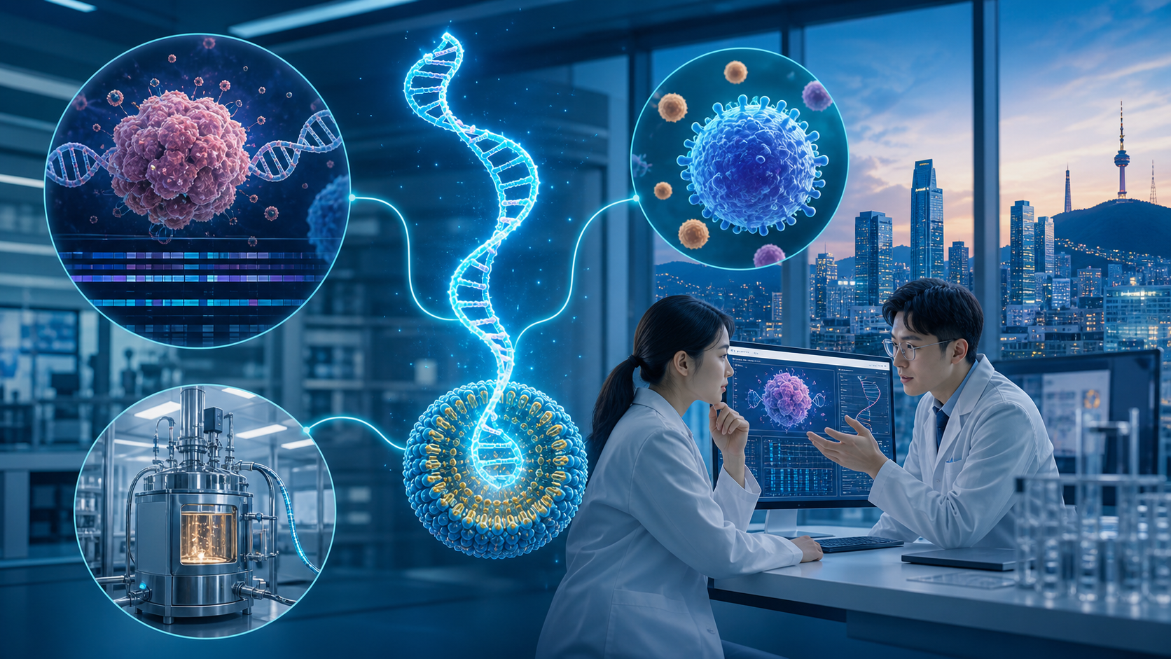 mRNA 암 치료 연구와 국내 바이오 제조 생태계를 표현한 일러스트